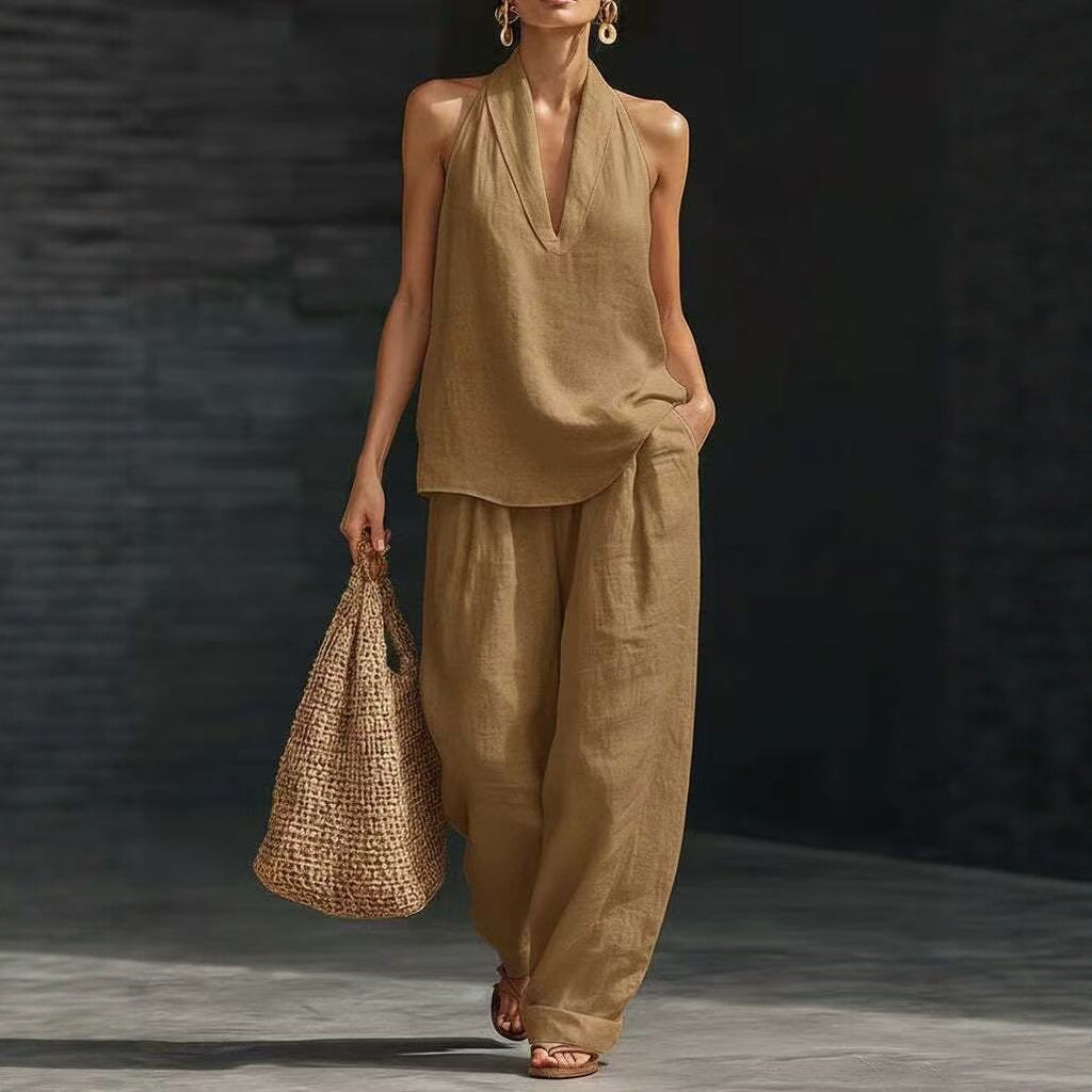 Summer Sleeveless Suits V-neck Halter Top And Wide-leg Pants Fashion Casual Straight Trousers Set
