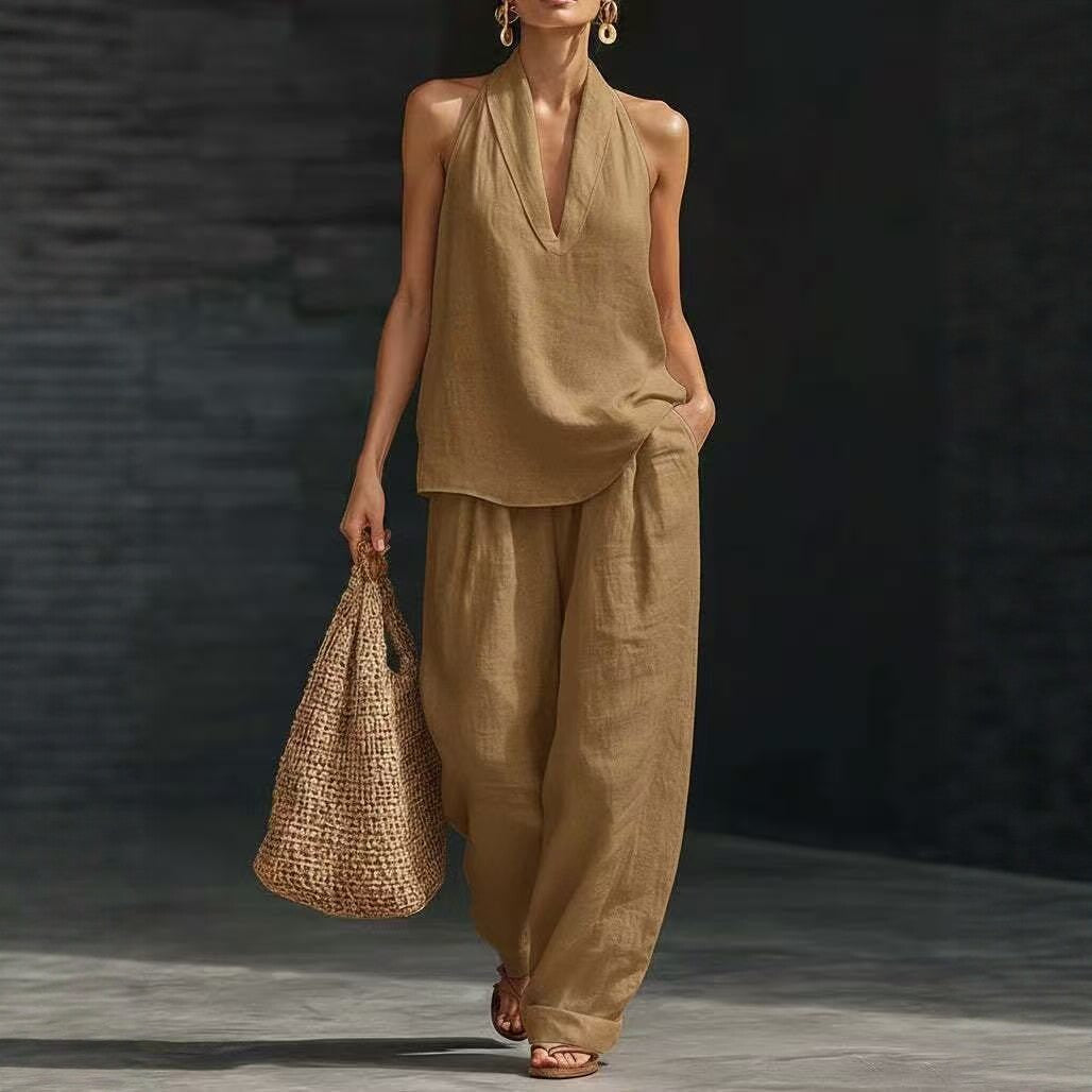 Summer Sleeveless Suits V-neck Halter Top And Wide-leg Pants Fashion Casual Straight Trousers Set