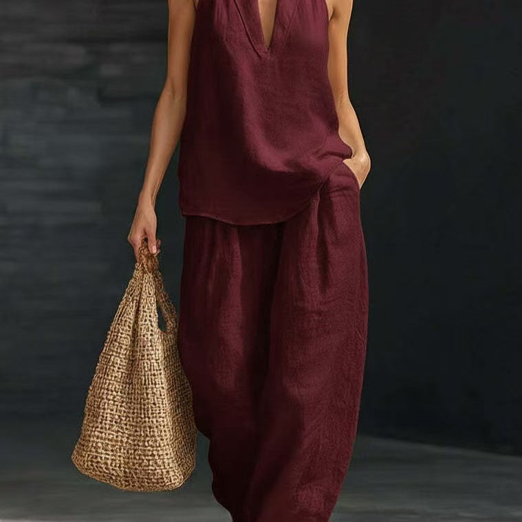 Summer Sleeveless Suits V-neck Halter Top And Wide-leg Pants Fashion Casual Straight Trousers Set