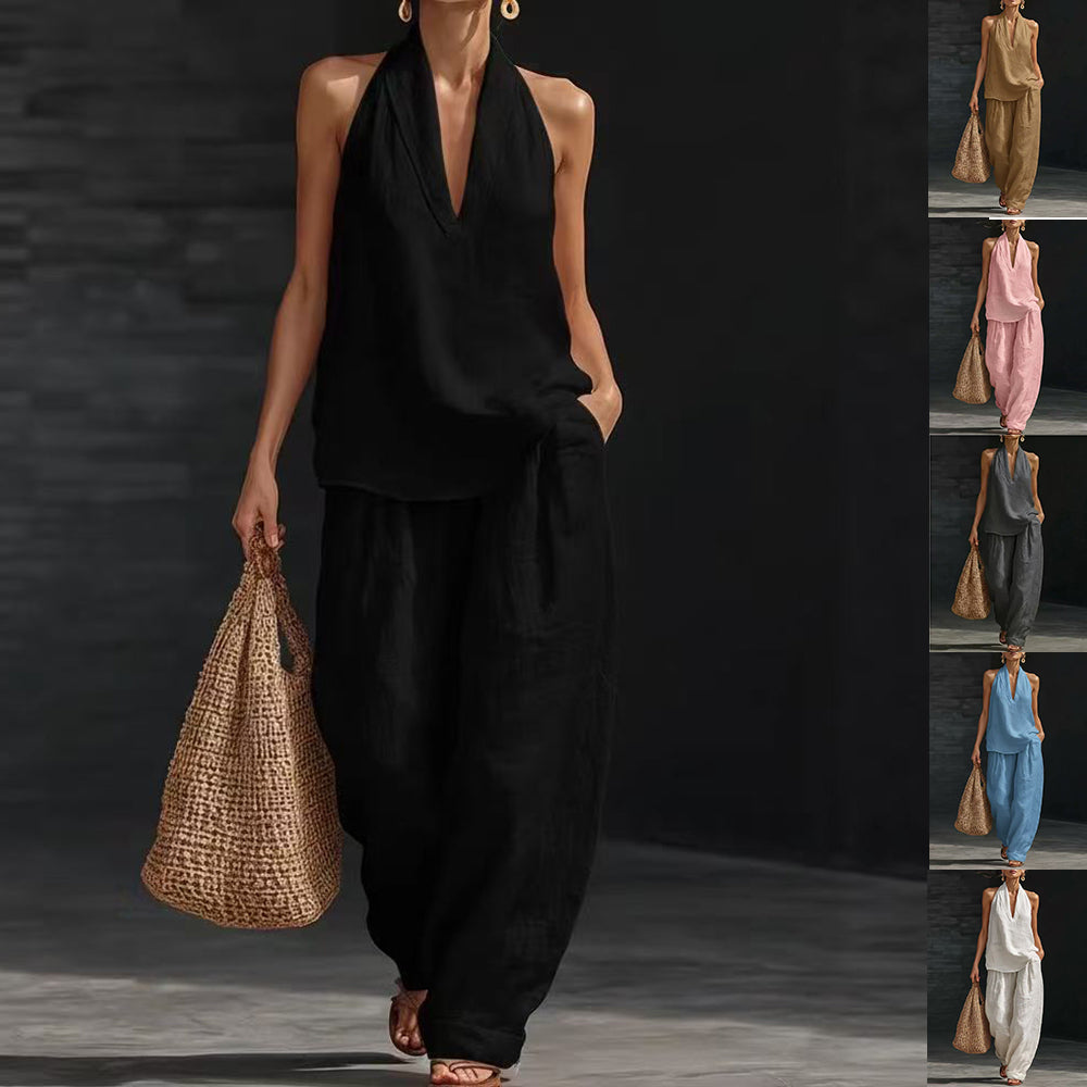 Summer Sleeveless Suits V-neck Halter Top And Wide-leg Pants Fashion Casual Straight Trousers Set