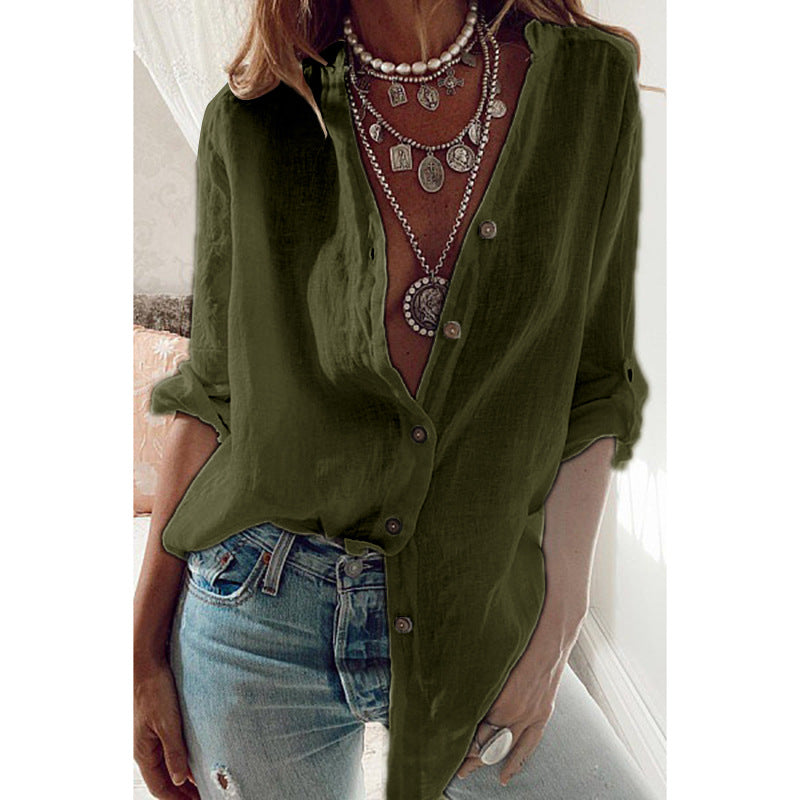 Women's Solid Color Loose V-Neck Long-Sleeve Top