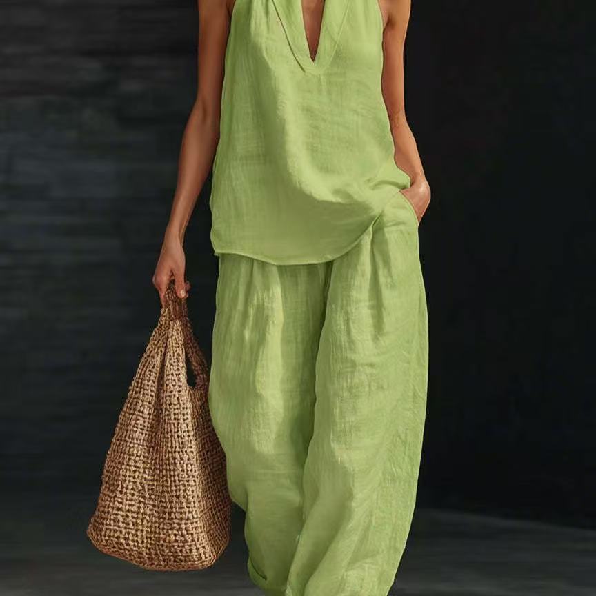 Summer Sleeveless Suits V-neck Halter Top And Wide-leg Pants Fashion Casual Straight Trousers Set