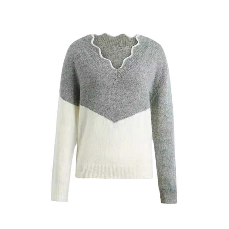 New Plus Size Autumn And Winter V-neck Color Matching Sweater For Women